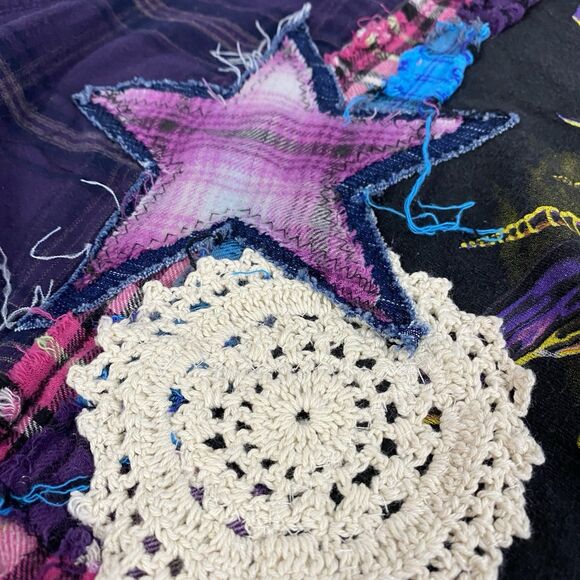 Upcycled Flannel Shirt Shacket Womens XL Dragon Grunge Purple Patchwork Folk Art - Picture 13 of 14